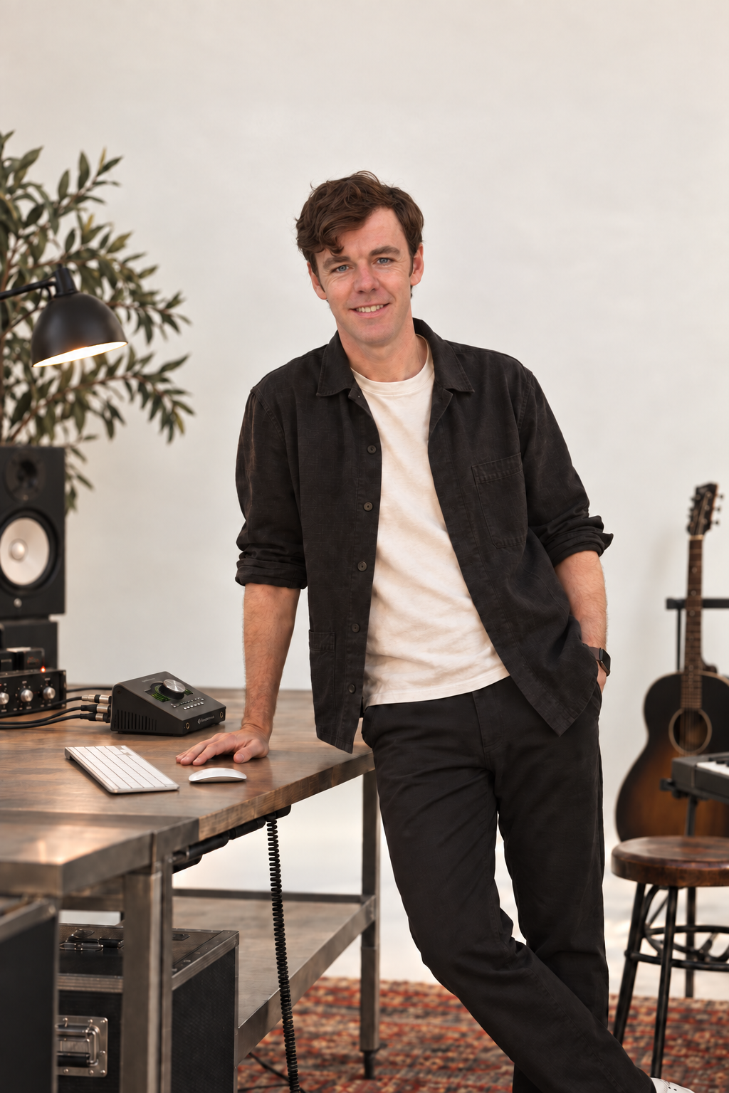 Hayes Helsper, founder of Dinner Audio, in his studio